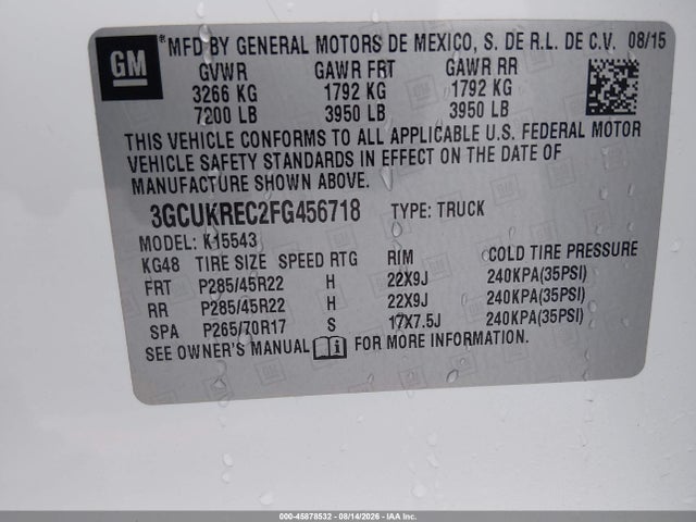 3GCUKREC2FG456718 Chevrolet Silverado 1500 Lt