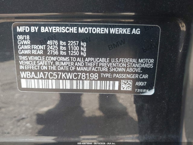 45878544 :رقم المزاد ، WBAJA7C57KWC78198 vin ، 2019 Bmw 5 Series 530i Xdrive مزاد بيع