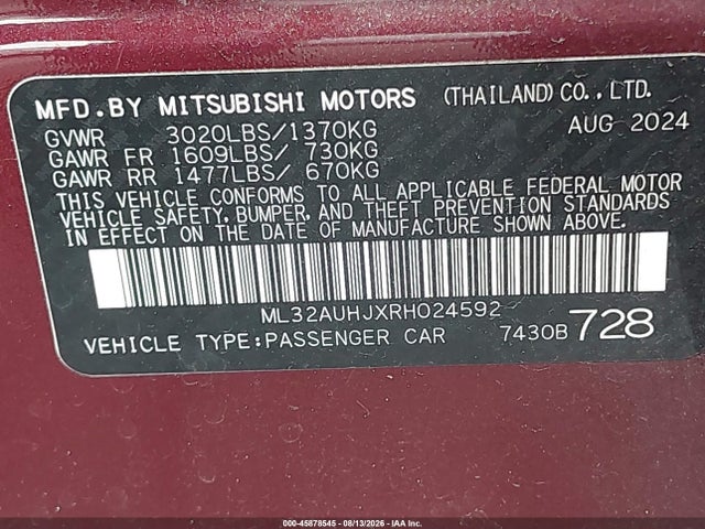 45878545 :رقم المزاد ، ML32AUHJXRH024592 vin ، 2024 Mitsubishi Mirage Es/le مزاد بيع