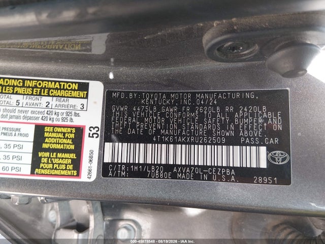 2024 Toyota Camry Xse მანქანა იყიდება აუქციონზე, vin: 4T1K61AKXRU262509, აუქციონის ნომერი: 45878548