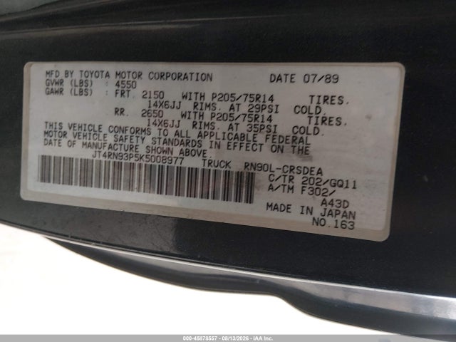 1989 Toyota Pickup 1/2 Ton Ex Lng Whlbse Dlx მანქანა იყიდება აუქციონზე, vin: JT4RN93P5K5008977, აუქციონის ნომერი: 45878557