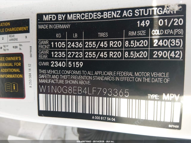 Aukcja sprzedaży 2020 Mercedes-benz Glc 300 4matic, vin: W1N0G8EB4LF793365, numer aukcji: 45878563