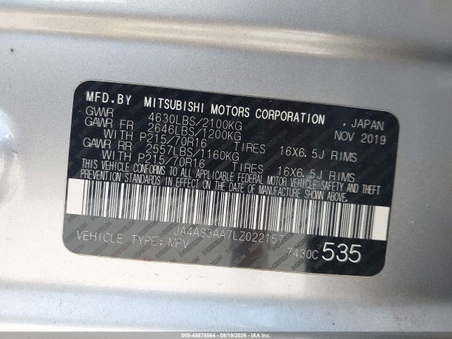 Aukcja sprzedaży 2020 Mitsubishi Eclipse Cross Es 1.5t, vin: JA4AS3AA7LZ022157, numer aukcji: 45878564