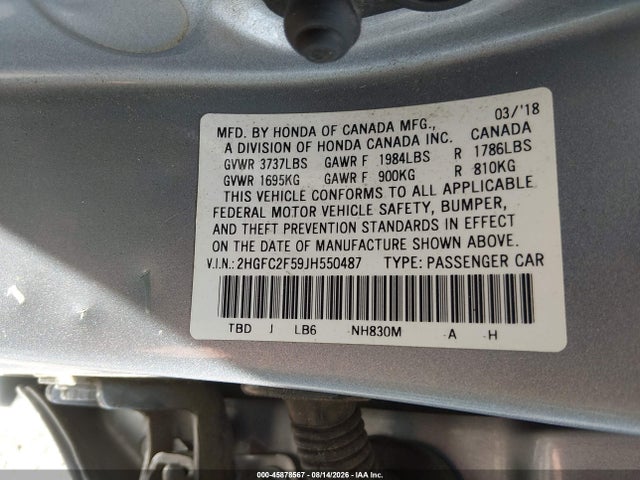 45878567 :رقم المزاد ، 2HGFC2F59JH550487 vin ، 2018 Honda Civic Lx مزاد بيع