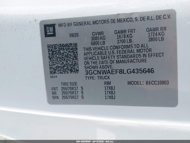 Aukcja sprzedaży 2020 Chevrolet Silverado 1500 2wd  Long Bed Wt, vin: 3GCNWAEF8LG435646, numer aukcji: 45878590