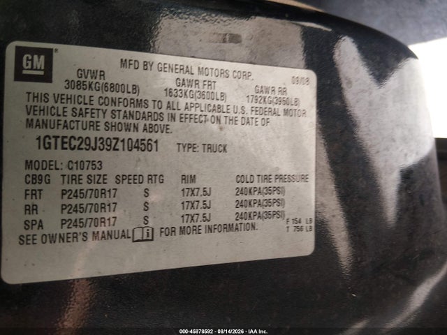 Продажа на аукционе авто 2009 Gmc Sierra 1500 Sle, vin: 1GTEC29J39Z104561, номер лота: 45878592