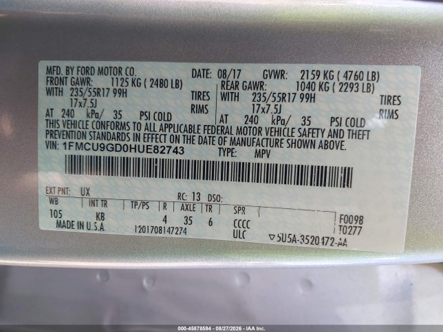 Продажа на аукционе авто 2017 Ford Escape Se, vin: 1FMCU9GD0HUE82743, номер лота: 45878594