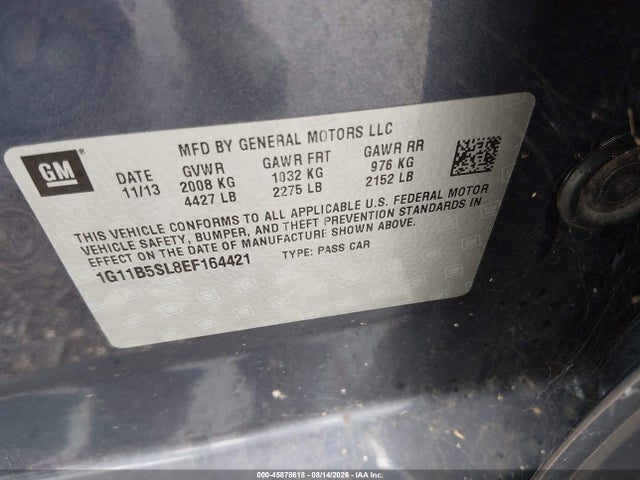 45878618 :رقم المزاد ، 1G11B5SL8EF164421 vin ، 2014 Chevrolet Malibu 1ls مزاد بيع