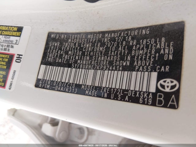 2019 Toyota Corolla Se მანქანა იყიდება აუქციონზე, vin: 5YFBURHE7KP924414, აუქციონის ნომერი: 45878620