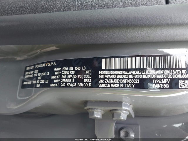 Продажа на аукционе авто 2022 Jeep Renegade Altitude 4x4, vin: ZACNJDE13NPN56023, номер лота: 45878631