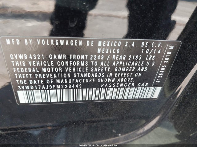 45878639 :رقم المزاد ، 3VWD17AJ9FM228449 vin ، 2015 Volkswagen Jetta 1.8t Se مزاد بيع