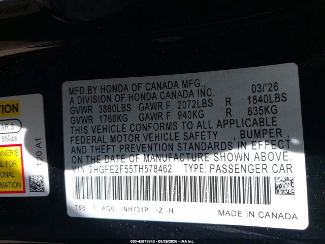 Honda Civic Sport 2026 2HGFE2F55TH578462 Image 9
