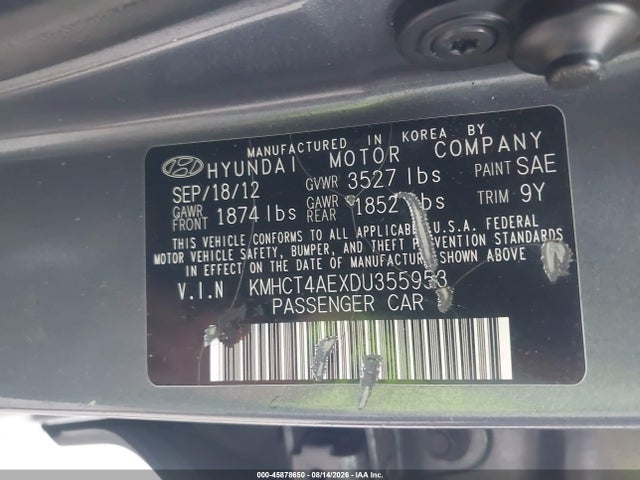 2013 Hyundai Accent Gls მანქანა იყიდება აუქციონზე, vin: KMHCT4AEXDU355953, აუქციონის ნომერი: 45878650