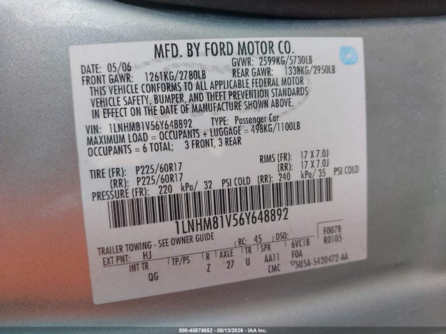 Продажа на аукционе авто 2006 Lincoln Town Car Signature, vin: 1LNHM81V56Y648892, номер лота: 45878652