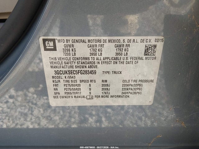 Продажа на аукционе авто 2015 Chevrolet Silverado 1500 Ltz, vin: 3GCUKSEC5FG283459, номер лота: 45878655