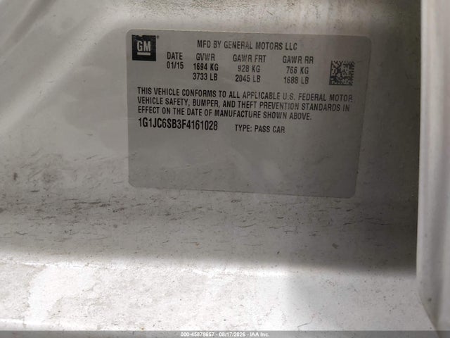 45878657 :رقم المزاد ، 1G1JC6SB3F4161028 vin ، 2015 Chevrolet Sonic Lt Auto مزاد بيع