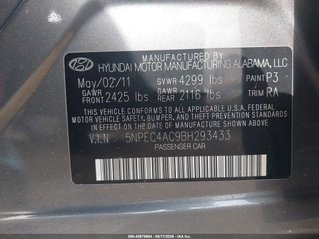 Aukcja sprzedaży 2011 Hyundai Sonata Limited, vin: 5NPEC4AC9BH293433, numer aukcji: 45878664