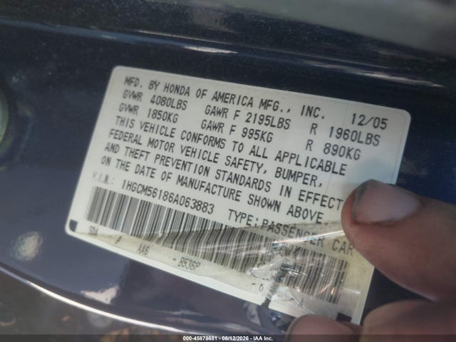 Auction sale of the 2006 Honda Accord 2.4 Vp, vin: 1HGCM56186A063883, lot number: 45878681