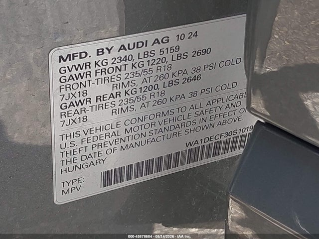 45878684 :رقم المزاد ، WA1DECF30S1019869 vin ، 2025 Audi Q3 Premium 45 Tfsi S Line Quattro Tiptronic مزاد بيع