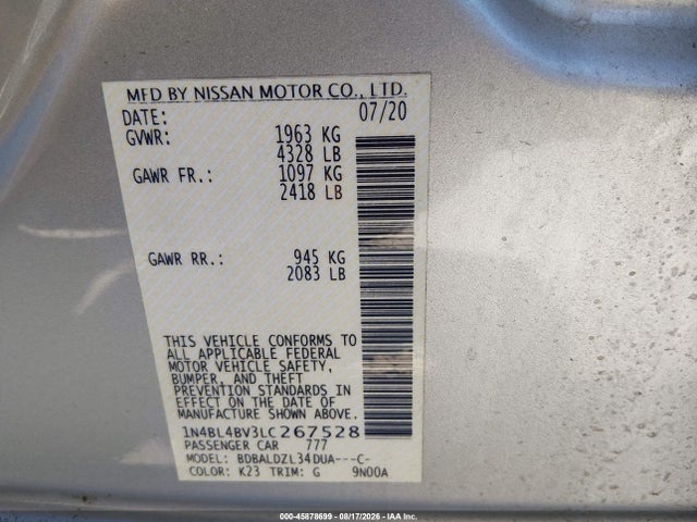 Продаж на аукціоні авто 2020 Nissan Altima S Fwd, vin: 1N4BL4BV3LC267528, номер лоту: 45878699