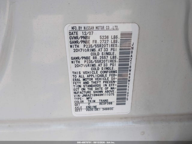 Aukcja sprzedaży 2009 Nissan Murano Le, vin: JN8AZ18W49W111075, numer aukcji: 45878701