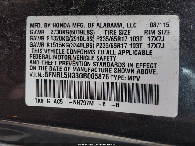 2016 Honda Odyssey Se მანქანა იყიდება აუქციონზე, vin: 5FNRL5H33GB005876, აუქციონის ნომერი: 45878702