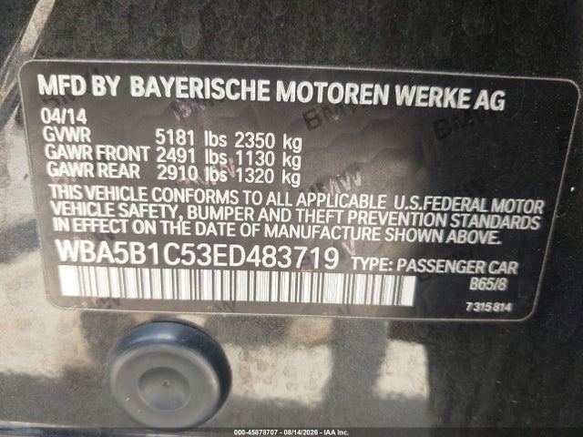 Продаж на аукціоні авто 2014 Bmw 535i, vin: WBA5B1C53ED483719, номер лоту: 45878707