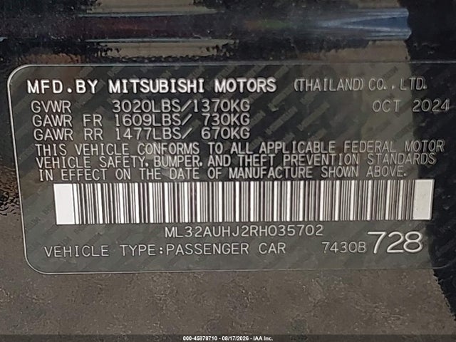 45878710 :رقم المزاد ، ML32AUHJ2RH035702 vin ، 2024 Mitsubishi Mirage Es/le مزاد بيع