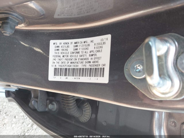 45878719 :رقم المزاد ، 1HGCR2F54GA178064 vin ، 2016 Honda Accord Sport مزاد بيع