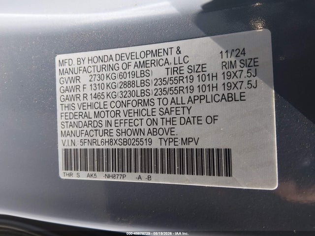 Aukcja sprzedaży 2025 Honda Odyssey Touring, vin: 5FNRL6H8XSB025519, numer aukcji: 45878729