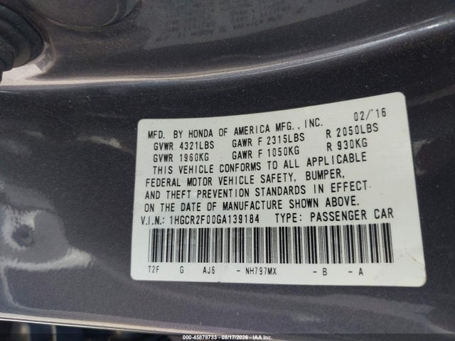 45878733 :رقم المزاد ، 1HGCR2F00GA139184 vin ، 2016 Honda Accord Ex مزاد بيع