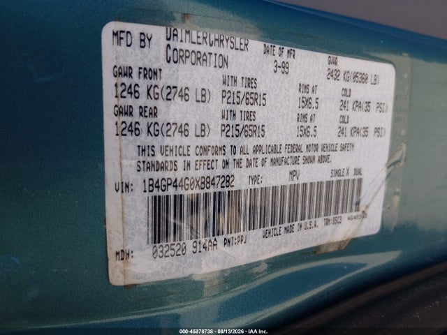 Aukcja sprzedaży 1999 Dodge Grand Caravan Se, vin: 1B4GP44G0XB847282, numer aukcji: 45878738