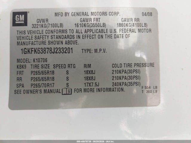 Продажа на аукционе авто 2008 Gmc Yukon Denali, vin: 1GKFK63878J233201, номер лота: 45878739