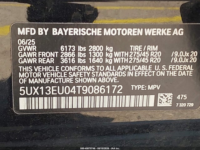 45878746 :رقم المزاد ، 5UX13EU04T9086172 vin ، 2026 Bmw X5 Sdrive40i مزاد بيع