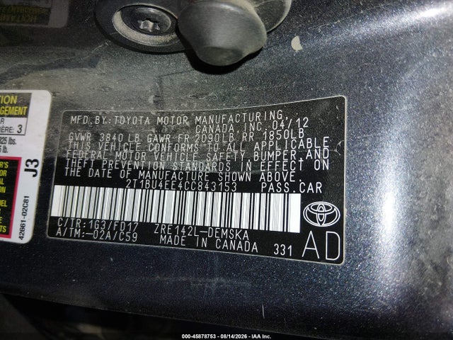 Продажа на аукционе авто 2012 Toyota Corolla S, vin: 2T1BU4EE4CC843153, номер лота: 45878753