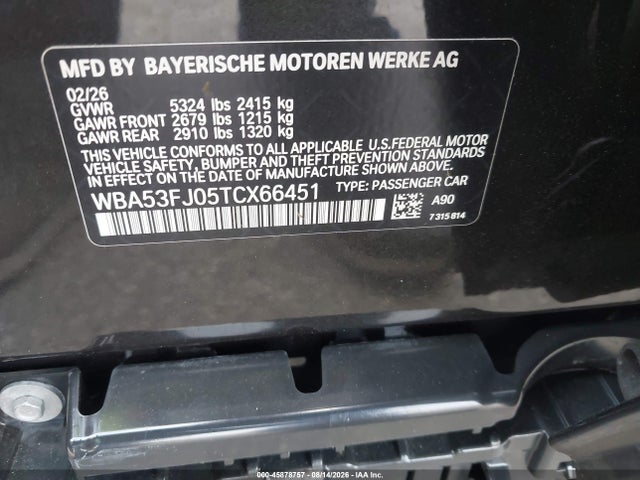 Aukcja sprzedaży 2026 Bmw 530i Xdrive, vin: WBA53FJ05TCX66451, numer aukcji: 45878757