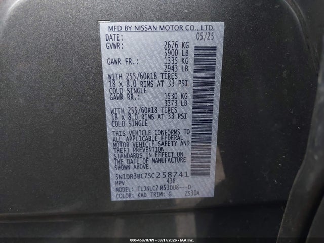 45878769 :رقم المزاد ، 5N1DR3BC7SC258741 vin ، 2025 Nissan Pathfinder Sv 4wd مزاد بيع