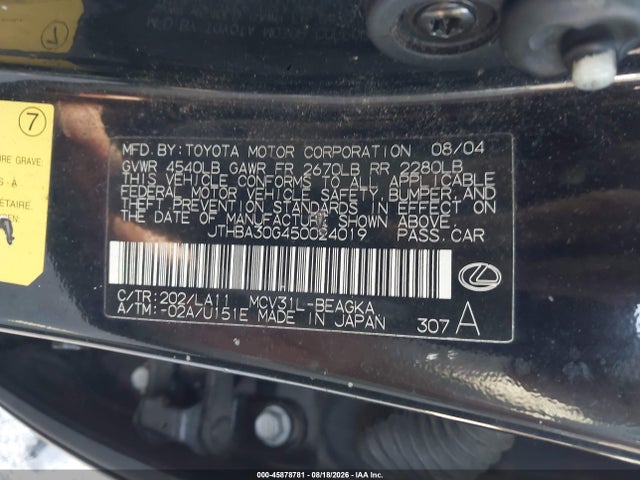 45878781 :رقم المزاد ، JTHBA30G450024019 vin ، 2005 Lexus Es 330 مزاد بيع