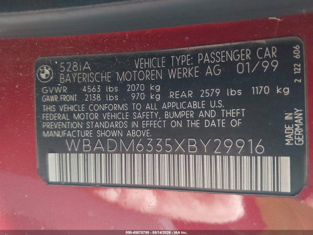 45878798 :رقم المزاد ، WBADM6335XBY29916 vin ، 1999 Bmw 528ia مزاد بيع
