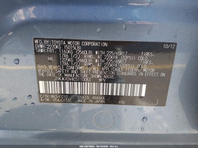Aukcja sprzedaży 2012 Toyota Rav4 Base V6, vin: JTMJK4DV4C5110083, numer aukcji: 45878804