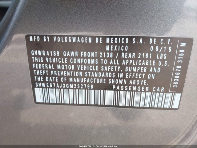 Aukcja sprzedaży 2016 Volkswagen Jetta 1.4t S, vin: 3VW267AJ3GM232796, numer aukcji: 45878817