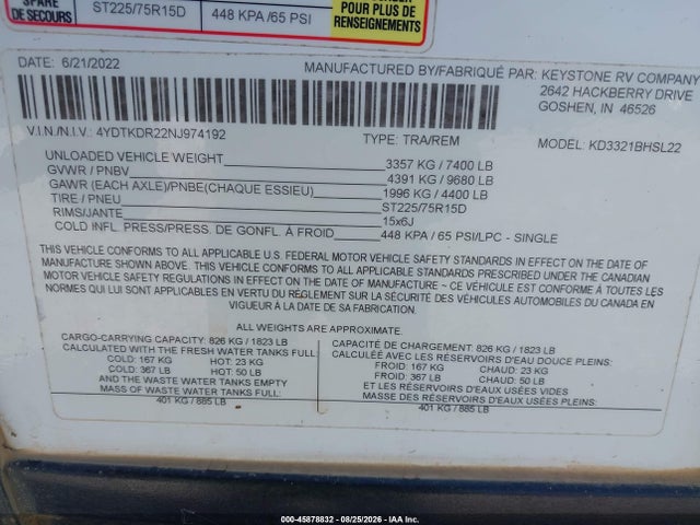 45878832 :رقم المزاد ، 4YDTKDR22NJ974192 vin ، 2022 Keystone Kodiak Ultra Lite مزاد بيع