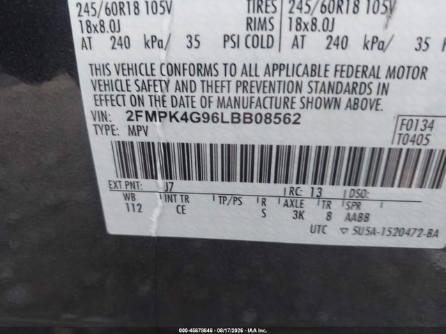 45878846 :رقم المزاد ، 2FMPK4G96LBB08562 vin ، 2020 Ford Edge Se مزاد بيع
