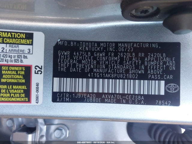 Продажа на аукционе авто 2023 Toyota Camry Se, vin: 4T1G11AK8PU821802, номер лота: 45878853