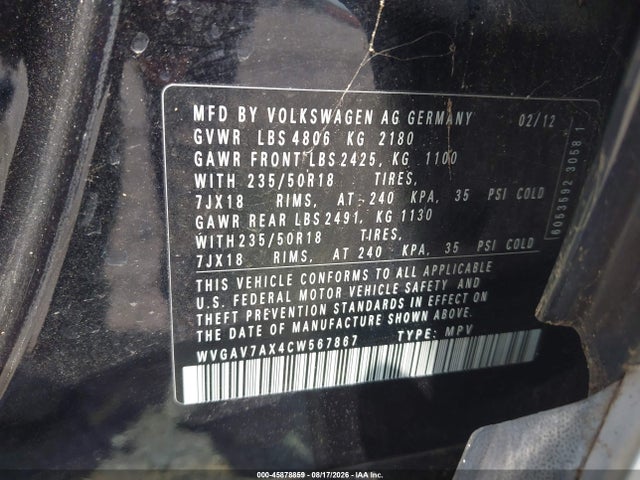 Aukcja sprzedaży 2012 Volkswagen Tiguan Se, vin: WVGAV7AX4CW567867, numer aukcji: 45878859