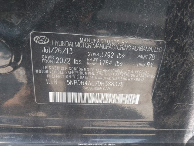 Aukcja sprzedaży 2013 Hyundai Elantra Limited, vin: 5NPDH4AE7DH388378, numer aukcji: 45878880