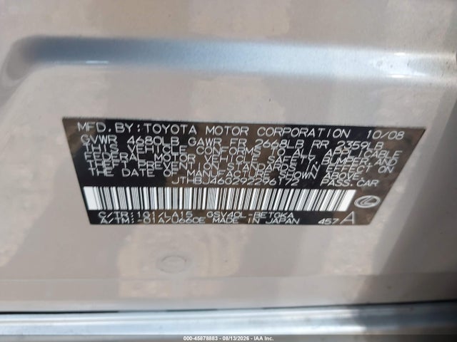 Продажа на аукционе авто 2009 Lexus Es 350, vin: JTHBJ46G292296172, номер лота: 45878883