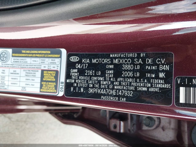 Aukcja sprzedaży 2017 Kia Forte Lx, vin: 3KPFK4A70HE147932, numer aukcji: 45878886