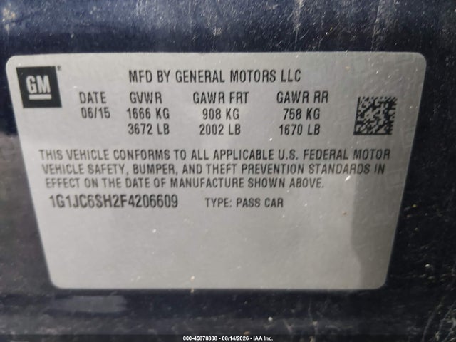 Продаж на аукціоні авто 2015 Chevrolet Sonic Lt Auto, vin: 1G1JC6SH2F4206609, номер лоту: 45878888