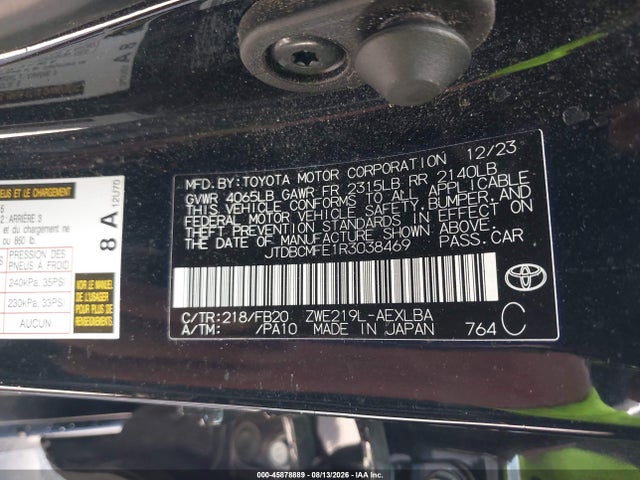 2024 Toyota Corolla Hybrid Le მანქანა იყიდება აუქციონზე, vin: JTDBCMFE1R3038469, აუქციონის ნომერი: 45878889